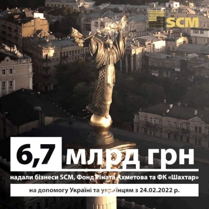 6.7 billion UAH provided by SCM businesses, the Rinat Akhmetov Foundation, and FC Shakhtar